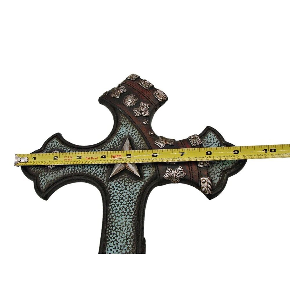 Rustic Western Boho Cross Decor Triple Silver Star Turquoise Faux Leather 13" - Picture 11 of 12